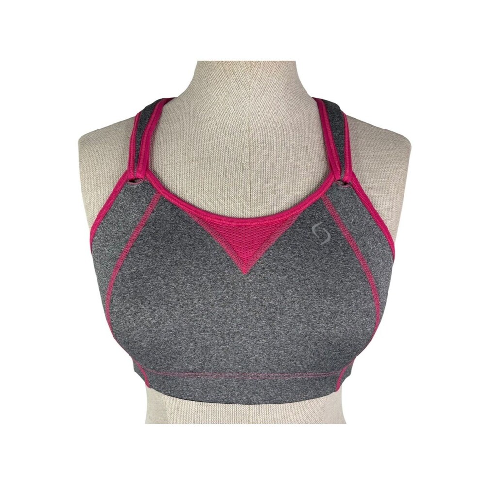 Moving Comfort Rebound Racer Sports Bra sz 34C * Brooks Gray & Pink Racerback